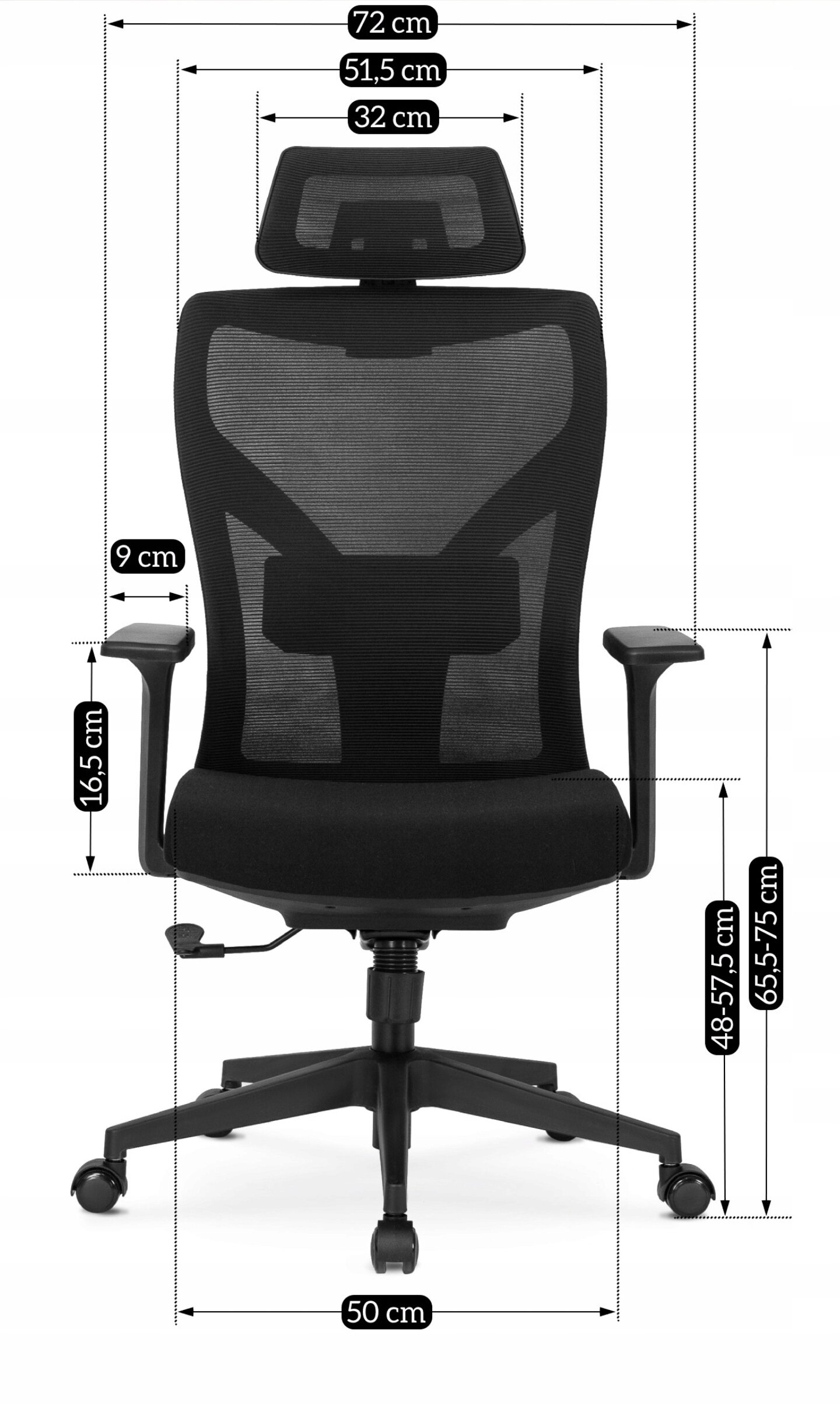 Czarny fotel biurowy obrotowy z ergonomicznym oparciem i regulowanym zagłówkiem. Na obrazie widoczne są wymiary: szerokość 72 cm, głębokość siedziska 51,5 cm, szerokość zagłówka 32 cm, wysokość podłokietników 16,5 cm, wysokość siedziska 48-57,5 cm, wysokość oparcia 65,5-75 cm, szerokość podstawy 50 cm.