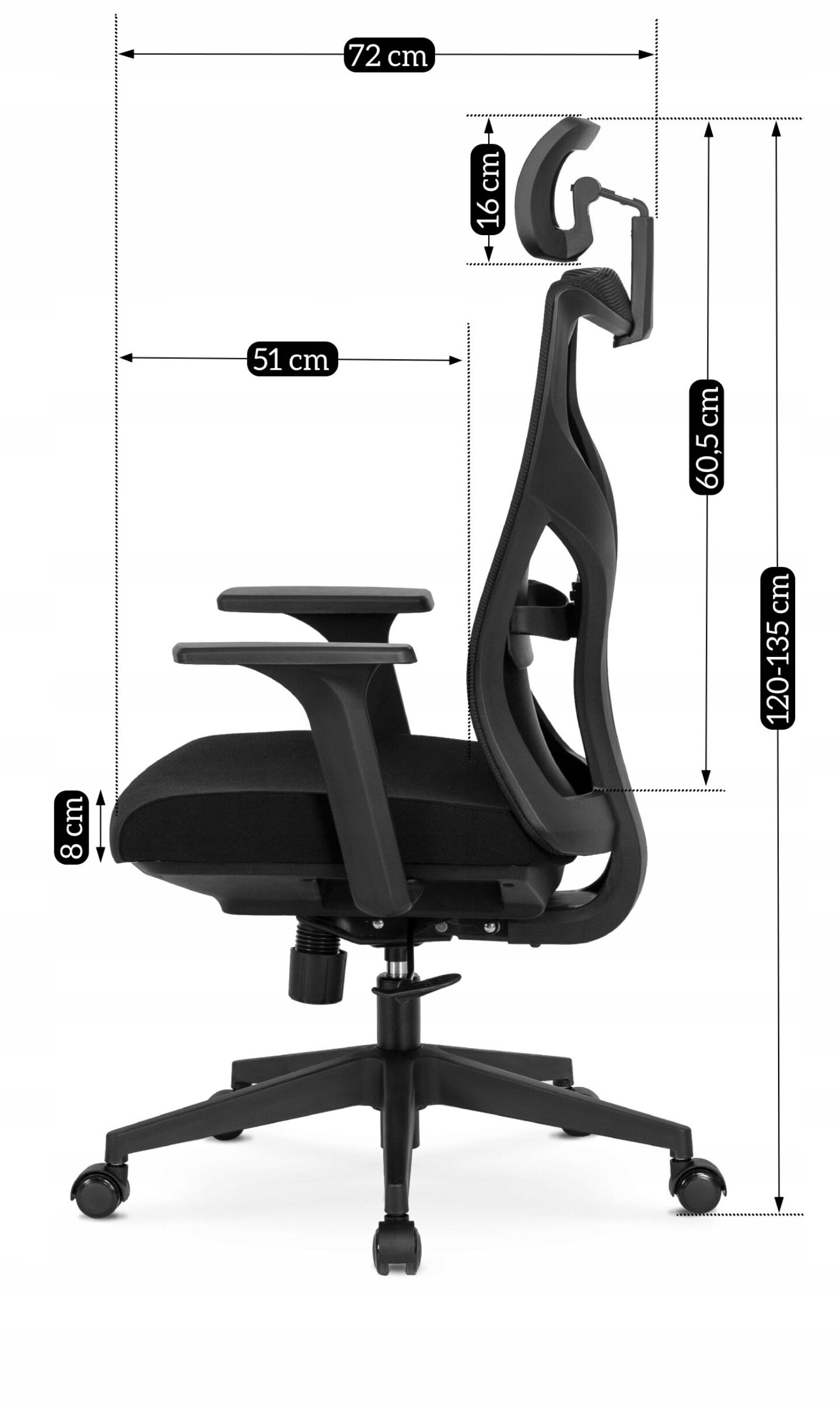Czarny fotel biurowy obrotowy z ergonomicznym oparciem i regulowanym zagłówkiem. Na obrazie widoczne są wymiary: szerokość 72 cm, głębokość siedziska 51 cm, wysokość oparcia 60,5 cm, wysokość całkowita 120-135 cm, wysokość zagłówka 16 cm, wysokość siedziska 8 cm.