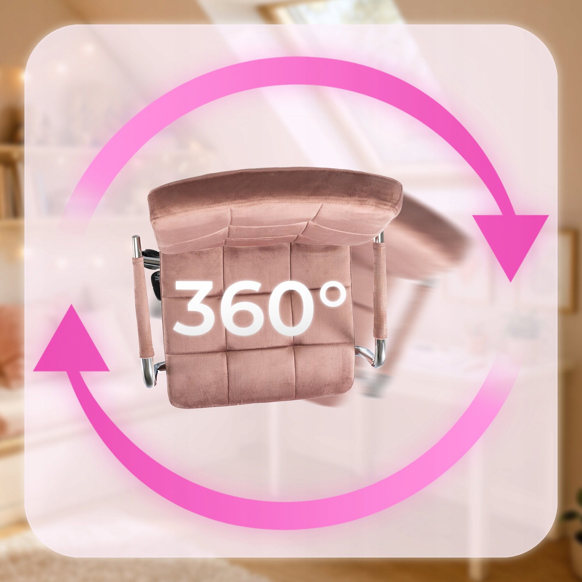 Różowe krzesło obrotowe z weluru, widoczne z góry, z napisem \'360°\'. W tle rozmyty obraz wnętrza pokoju.