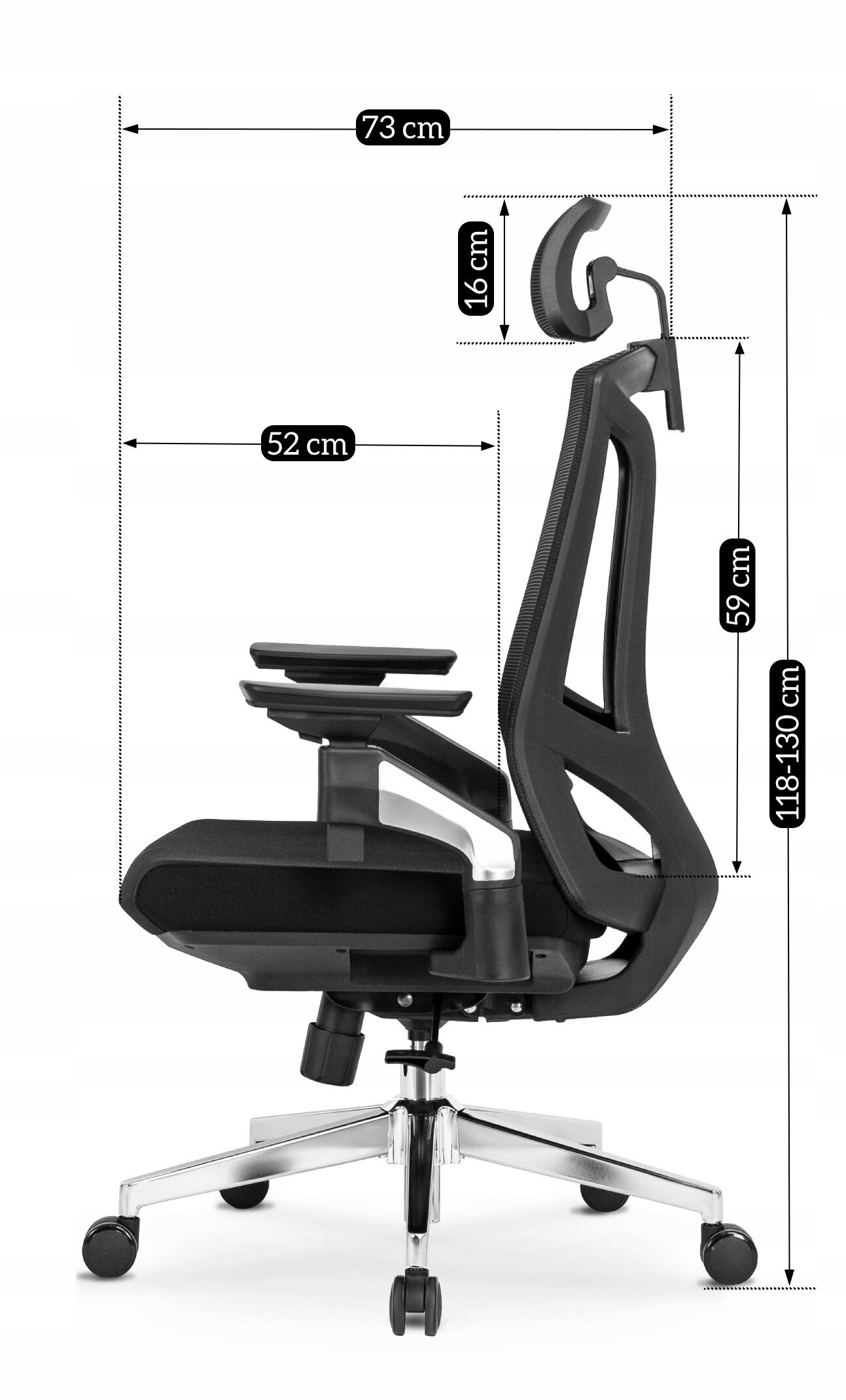 Obraz przedstawia czarny fotel biurowy z ergonomicznym oparciem i regulowanym zagłówkiem. Widoczne są wymiary: szerokość 73 cm, głębokość siedziska 52 cm, wysokość zagłówka 16 cm, wysokość oparcia 59 cm, oraz całkowita wysokość 118-130 cm.