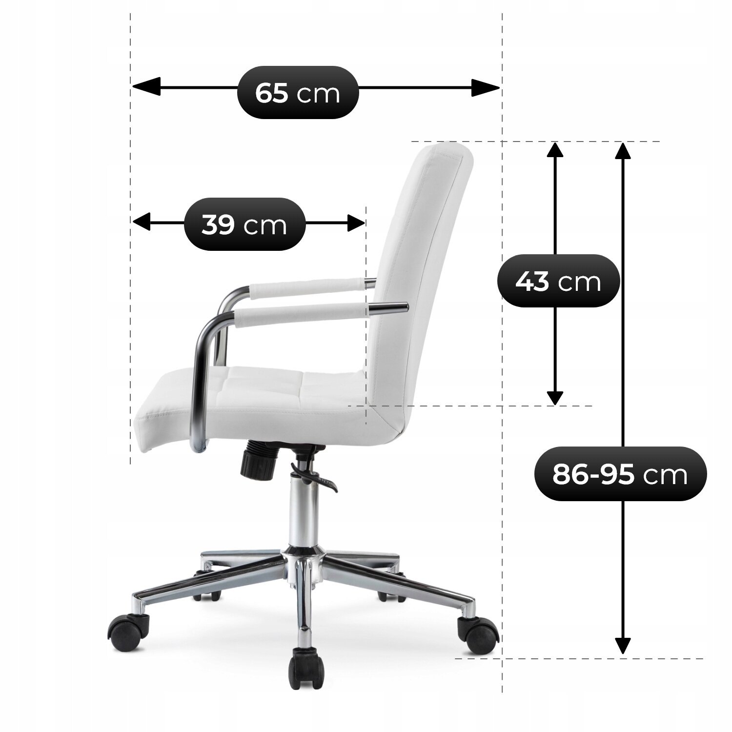Białe krzesło obrotowe z metalowymi podłokietnikami i podstawą na kółkach. Na obrazie widoczne są wymiary: szerokość 65 cm, głębokość 39 cm, wysokość siedziska 43 cm, całkowita wysokość 86-95 cm.