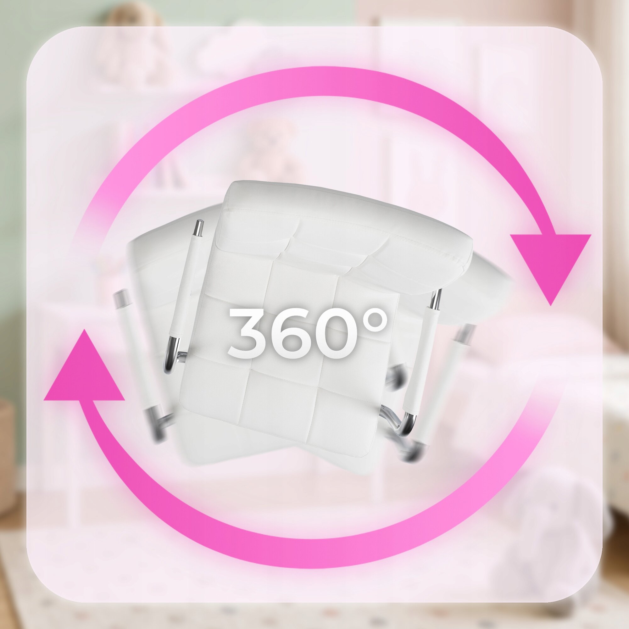 Obraz przedstawia białe krzesło obrotowe z napisem \'360°\' na tle rozmytego wnętrza. Wokół krzesła widoczna jest różowa strzałka wskazująca obrót.