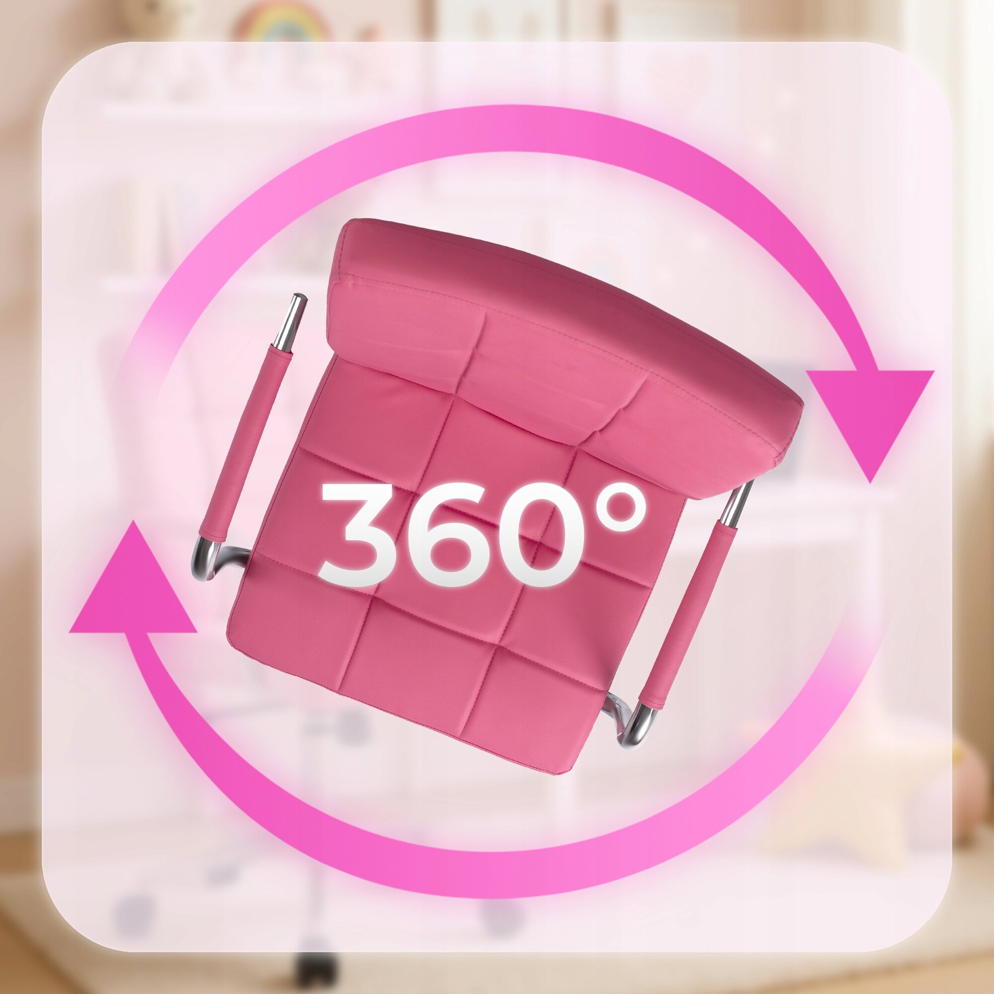 Różowe krzesło obrotowe z podłokietnikami, widziane z góry, z napisem \'360°\'. W tle rozmyty obraz wnętrza pokoju.