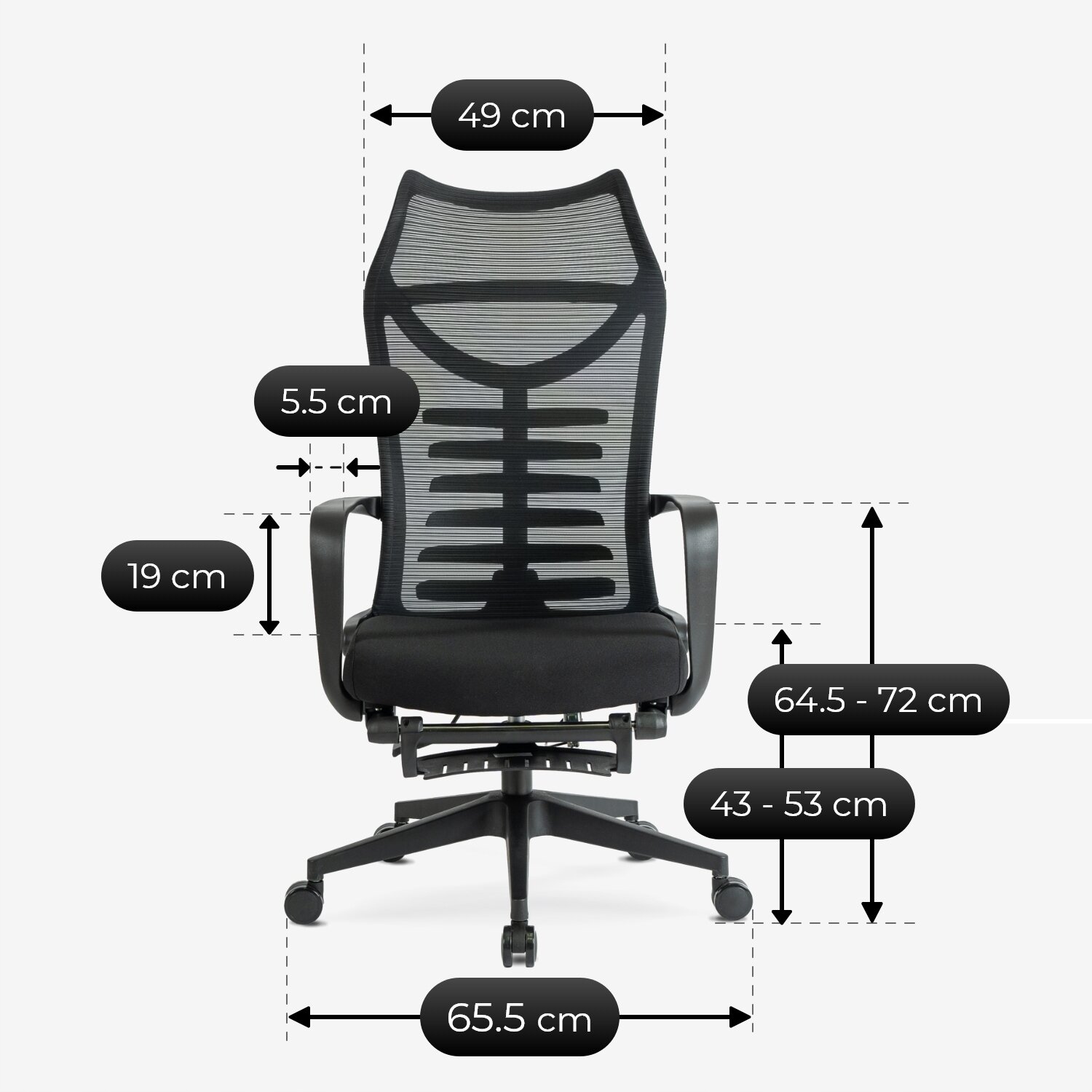 Obraz przedstawia czarne krzesło obrotowe z ergonomicznym oparciem z siatki, z zaznaczonymi wymiarami: szerokość oparcia 49 cm, wysokość oparcia 64.5 - 72 cm, głębokość siedziska 43 - 53 cm, wysokość podłokietników 19 cm, szerokość podstawy 65.5 cm, odległość między podłokietnikami 5.5 cm.
