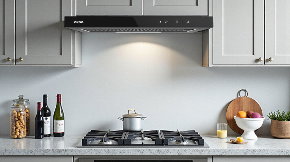 OKAP AKPO WK-7 LIGHT GLASS TOUCH 60 Na zdjęciu widać klasyczną, jasną kuchnię z podszafkowym, czarnym okapem zamontowanym nad płytą gazową. Pod okapem stoi garnek na palniku, a po bokach na blacie ustawiono m.in. butelki z napojami, deskę i paterę z owocami, co tworzy uporządkowaną, domową aranżację.