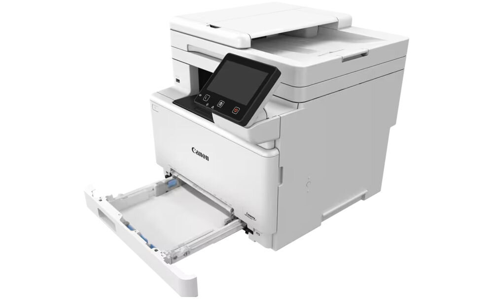 Urządzenie wielofunkcyjne CANON i-SENSYS MF667Cdw Druk w kolorze, Automatyczny druk dwustronny, Wi-Fi prezentacja rozłożonego urządzenia pod kątem na białym tle prędkość druku, druk dwustronny, funkcje kopiowania