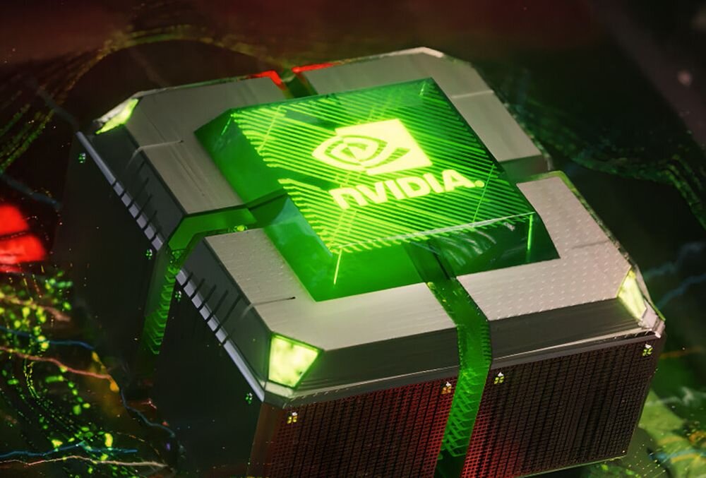 Obraz przedstawia stylizowany, futurystyczny układ scalony z logo \'NVIDIA\' na zielonym tle. Układ jest otoczony zielonymi i czerwonymi światłami.