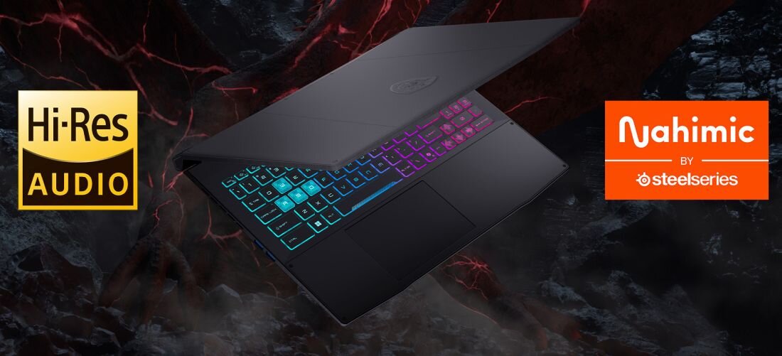 Widok z góry na klawiaturę laptopa MSI Katana z kolorowym podświetleniem RGB w gamingowej stylistyce – Certyfikat Hi-Res Audio