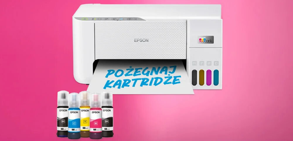 Urządzenie wielofunkcyjne EPSON EcoTank L3276 Druk w kolorze, Wi-Fi prezentacja urządzenia od przodu na różowym tle napis na kartce wychodzącej pożegnaj kartridże przed urządzeniem butelki system bez kartridży redukcja odpadów pojemniki na atrament