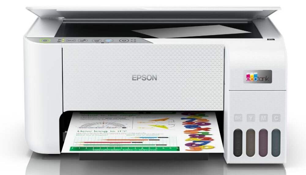 Urządzenie wielofunkcyjne EPSON EcoTank L3276 Druk w kolorze, Wi-Fi prezentacja urządzenia od przodu na białym tle funkcje 3w1 druk skan kopiuj wygoda organizacja przestrzeni