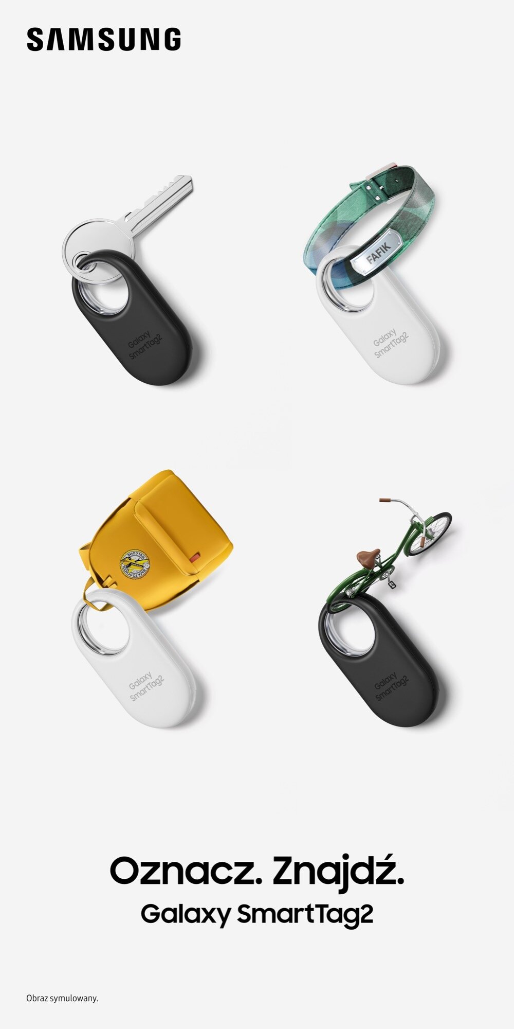 Cztery lokalizatory Samsung Galaxy SmartTag2 w kolorach czarnym i białym pokazane na szarym tle.