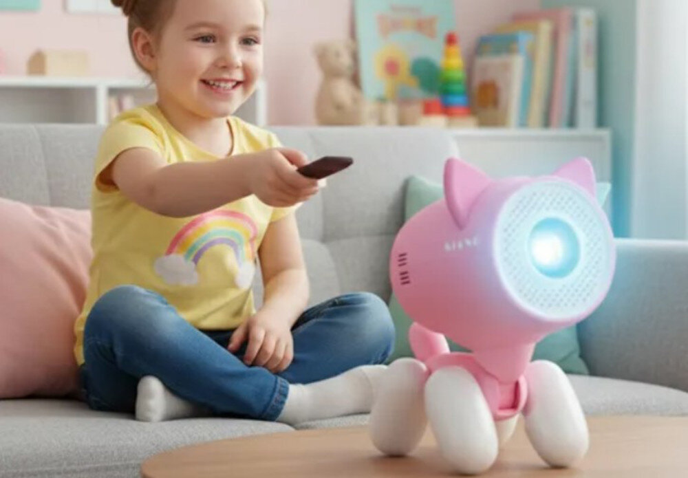 KIANO Alpha Kid projektor pilot Magic Mouse intuicyjne sterowanie menu aplikacje dzieci, dziecko trzymające pilot w ręku, projektor wyświetlający obraz