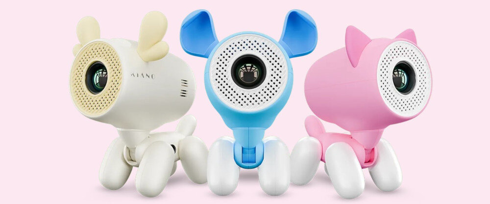 KIANO Alpha Kid projektor kot pies renifer przyjazny design nauka zabawa dzieci, trzy wersje projektora na różowym tle