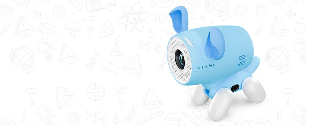 KIANO Alpha Kid projektor bezpieczna projekcja odbita ochrona wzroku dzieci, projektor po skosie na jasnym tle