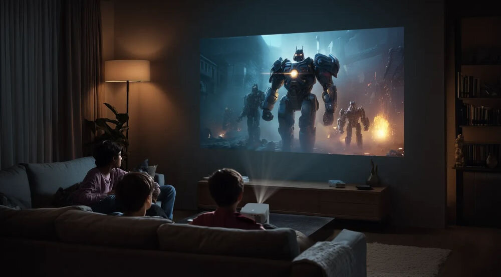 Projektor KIANO Elegance Cinema kinowe emocje realistyczne kolory wysoka jasność, osoby siedzące na kanapie oglądające film na ścianie