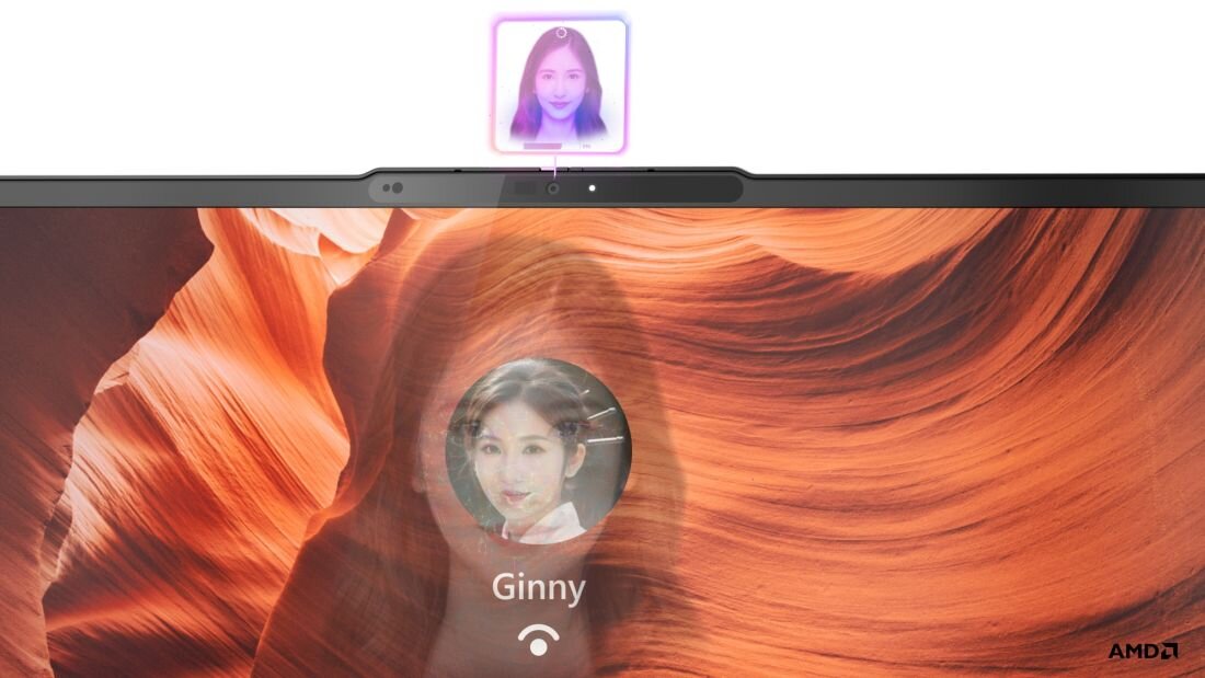 Laptop Lenovo IdeaPad Slim 5 z kamerą IR i funkcją rozpoznawania twarzy Windows Hello, widok na ekran logowania z awatarem użytkownika, technologia AMD. - FHD kamera 1080p z funkcją IR i fizyczną migawką prywatności