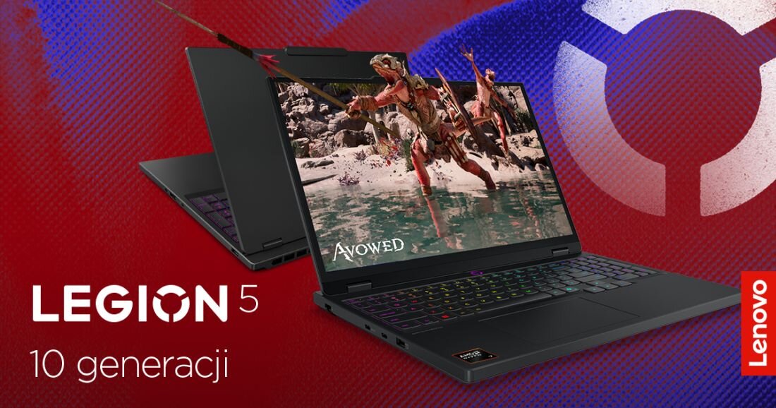  Dwa laptopy Lenovo Legion 5 grafitowe na czerwono-niebieskim tle geometrycznym, jeden otwarty z klawiaturą RGB i grą Avowed, tekst LEGION 5 10 generacji  