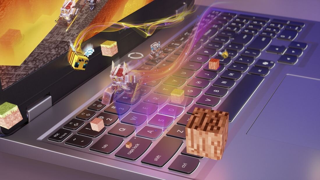  Laptop LENOVO LOQ z klawiaturą z podświetleniem, graficzne elementy Minecraft wylatujące z ekranu, postacie i bloki pikselowe, efekt 3D dla graczy piaskownicy - Pełnowymiarowa klawiatura, podświetlenie, Skok klawisza 1,5 mm 