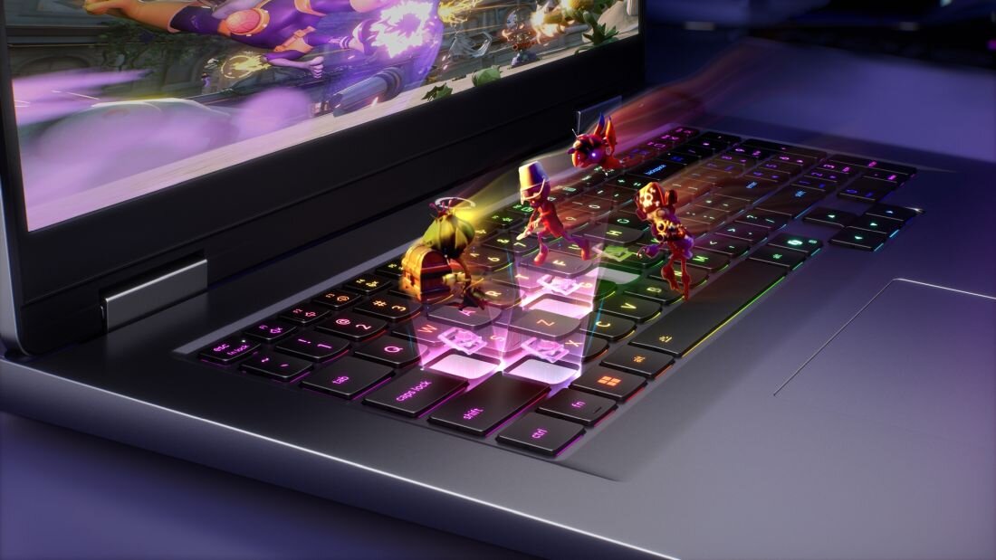 Laptop LENOVO LOQ 17IRX10 z pełnowymiarową klawiaturą z podświetleniem LED i blokiem numerycznym, graficzne elementy Minecraft wylatujące z ekranu, efekt 3D dla graczy piaskownicy - Pełnowymiarowa klawiatura, białe podświetlenie LED, skok klawisza 1,5 mm
