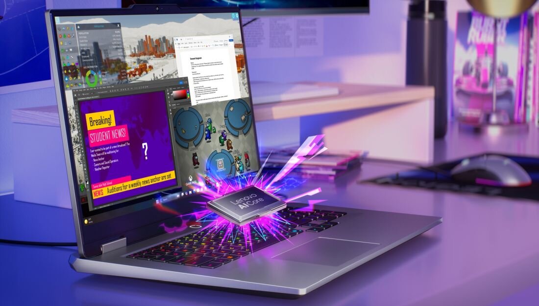 Laptop LENOVO LOQ 17IRX10 na gamingowym biurku z fioletowo-różowym oświetleniem, holograficzny chip Lenovo AI Core w poświacie energii unoszący się nad klawiaturą RGB, puszka napoju LEGION ENERGY po lewej, słuchawki składane na biurku - LENOVO AI Engine+, automatyczna optymalizacja wydajności