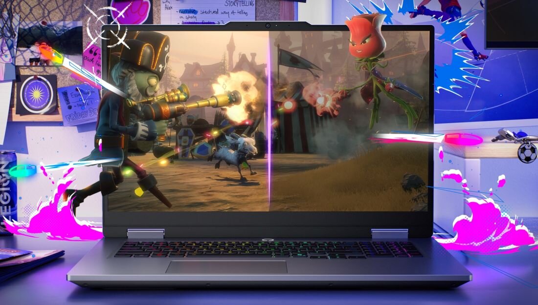 Laptop LENOVO LOQ 17IRX10 wyświetlający dynamiczną walkę z gry anime z ognistymi efektami, klawiatura RGB, stanowisko gamingowe dla graczy action RPG - Ekran 17,3 cala FHD IPS 165Hz