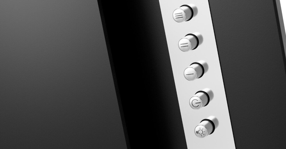 OKAP AKPO WK-4 Grand 50 Widzimy fragment czarnego okapu z widocznym wąskim wlotem powietrza oraz czterema przyciskami sterowania. Dolna płyta zasłaniająca mechanizm delikatnie odstaje, tworząc dyskretną linię podziału turbina wysoka wydajność sterowanie panel