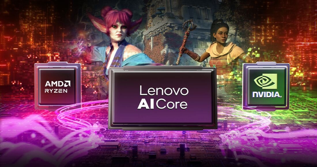  Laptop Lenovo AICore na płycie głównej cyfrowej, logo AMD Ryzen i NVIDIA po bokach, postacie z gier w tle, różowo-zielone światło technologiczne -  LENOVO AI Engine+, Smart FPS  