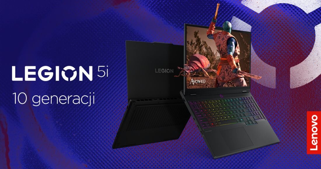 Baner promujący Lenovo Legion 5i z dwoma otwartymi laptopami na tle niebieskiego wzoru, logo Lenovo w kolorze czerwonym oraz białym tytułem serii.  