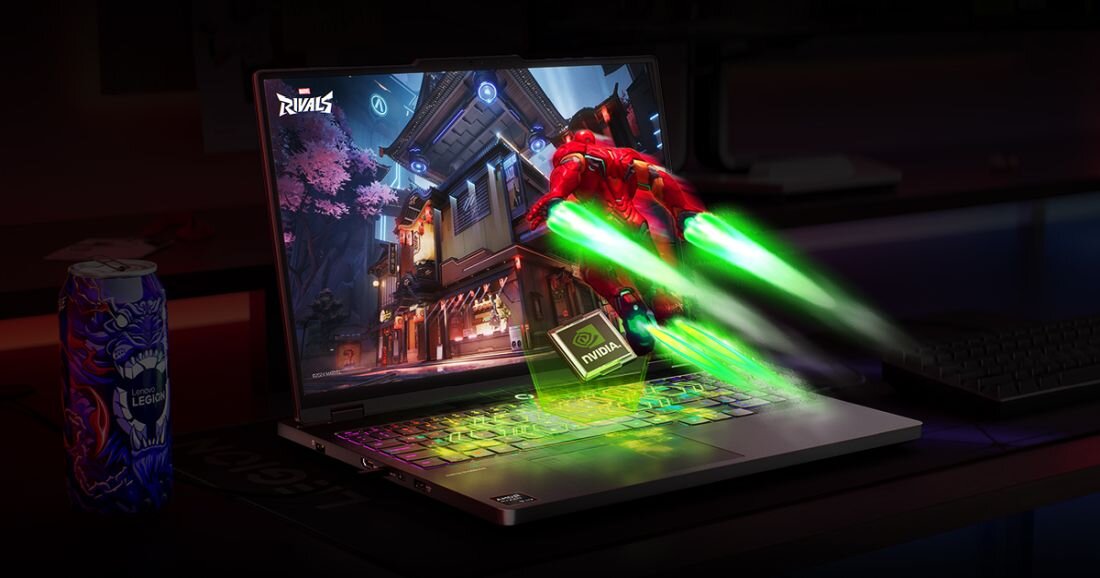 Wizualizacja procesora AMD Ryzen AI z czerwoną grafiką energetyczną w klawiaturze laptopa Lenovo Legion. - GeForce RTX, NVIDIA Blackwell, DLSS 4 