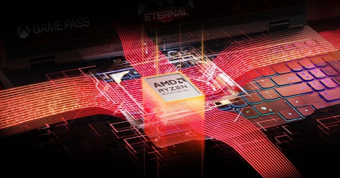 Laptop Lenovo Legion z kartą graficzną NVIDIA GeForce RTX i zielonym podświetleniem podczas gry. - Intel Core, Dysk SSD NVMe, Pamięć DDR5-5200  