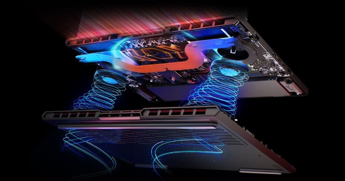 Wizualizacja systemu chłodzenia Legion Coldfront Hyper z komorą hiperbaryczną i wentylatorami w laptopie gamingowym. - System chłodzenia Legion Coldfront Hyper 