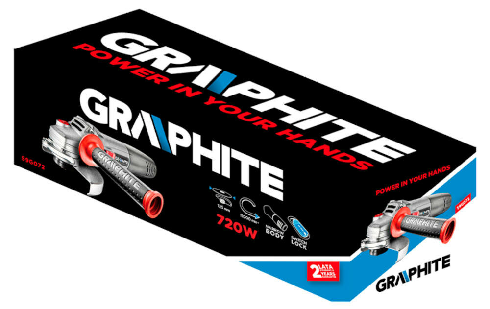 GRAPHITE-59G072 zestaw szlifierka urządzenie klucz osłona rękojeść instrukcja karta gwarancyjna