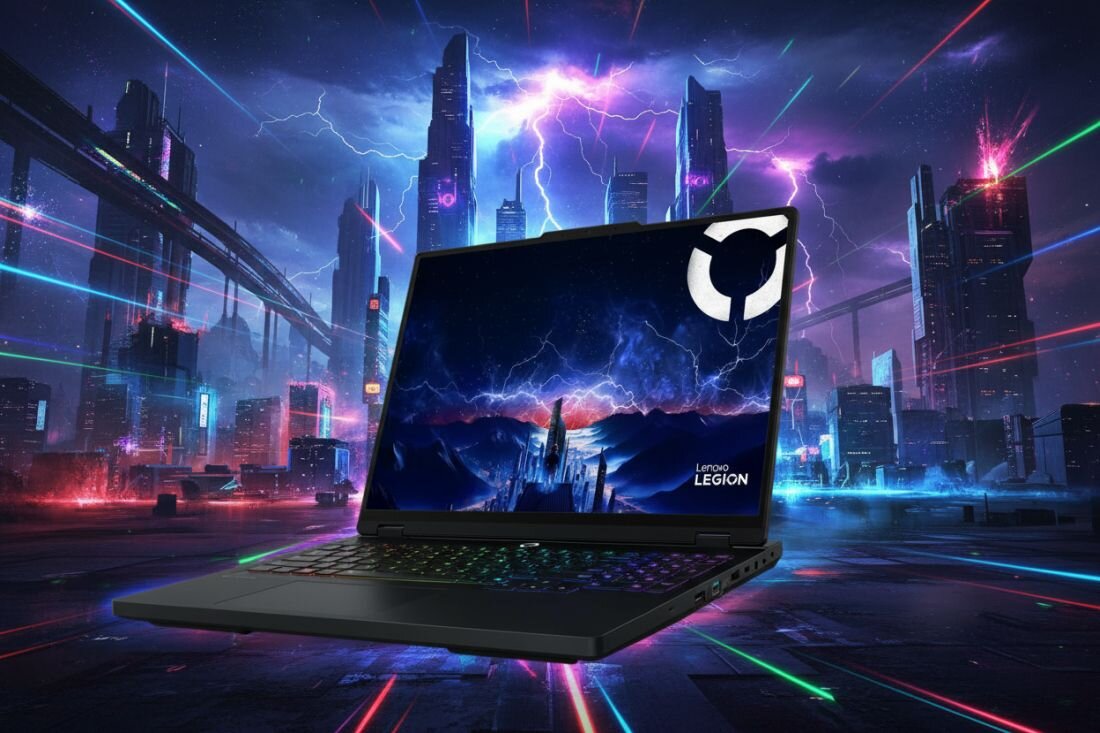 Laptop gamingowy LENOVO Legion Pro 5 16IAX10 w futurystycznym mieście sci-fi cyberpunk, grafitowa obudowa z klawiaturą RGB wielokolorową, ekran z logo Lenovo Legion i grafiką burzy z piorunami fioletowymi niebieskimi nad futurystycznymi wieżowcami – procesor Intel Core Ultra 7 255HX karta RTX 5070