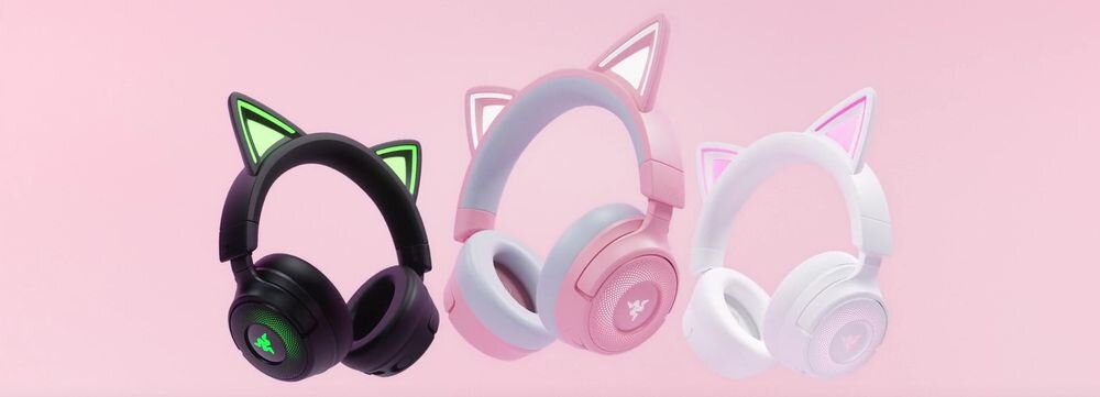 Słuchawki RAZER Kraken Kitty V3 Pro gamingowe kocie uszy Chroma RGB design, trzy pary słuchawek nausznych w rózmnych wersjach kolorystycznych