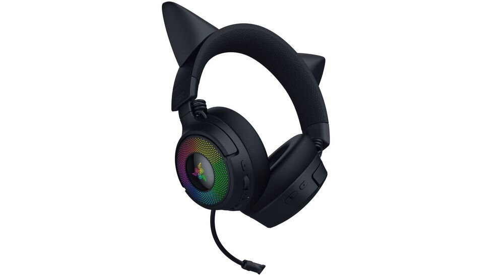 RAZER Kraken Kitty V3 Pro komfort memory foam regulacja, słuchawki po skosie na białym tle