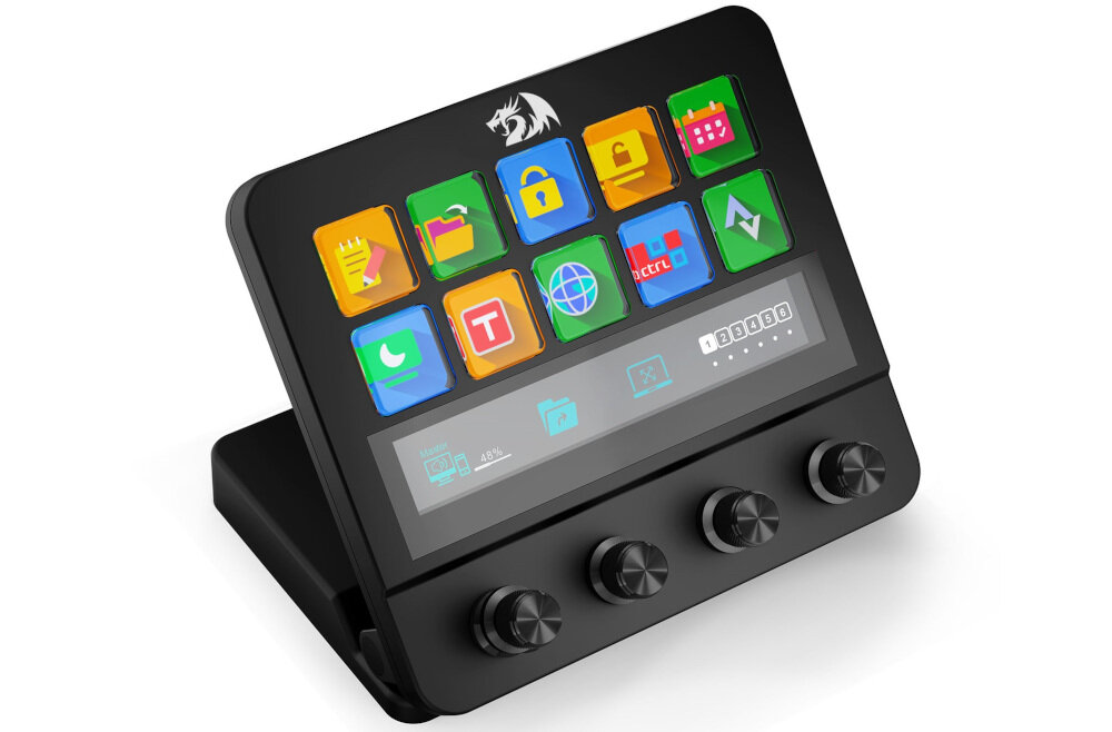 Panel REDRAGON Ragnaros SS-552 centrum sterowania dla streamerów z klawiszami LCD i hubem USB, panel po skosie na białym tle