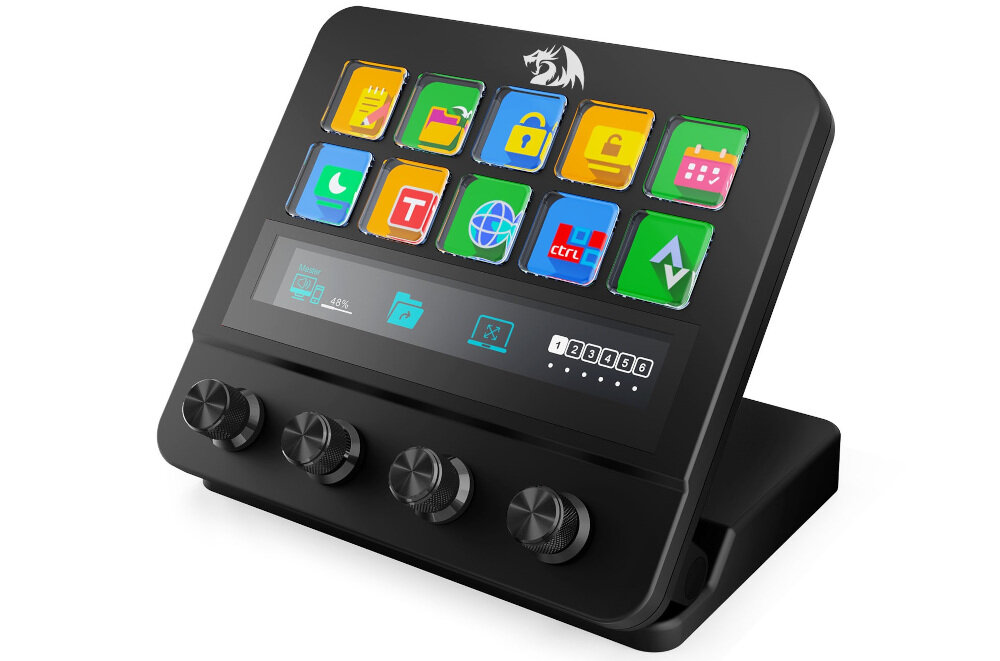 Panel REDRAGON Ragnaros SS-552 z 15 elementami sterującymi, klawiszami LCD i pokrętłami audio, panel po skosie na białym tle