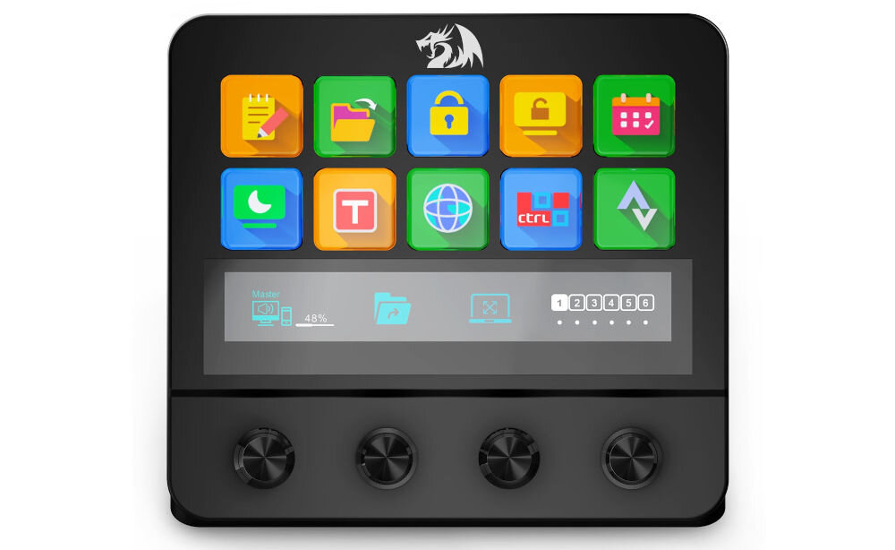 REDRAGON Ragnaros SS-552 z programowalnymi przyciskami LCD i panelem dotykowym do makr, panel od frontu na białym tle