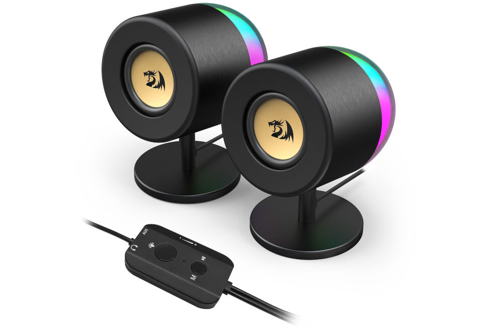 Głośniki REDRAGON AHRI GS598 2.0 RGB dźwięk stereo kompaktowe podświetlenie RGB, głośniki z pilotem na kablu po skosie na białym tle