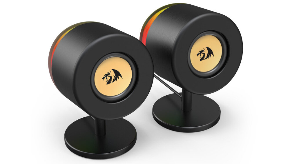 Głośniki REDRAGON AHRI GS598 2.0 RGB dźwięk stereo 6 W RMS pasmo 100 Hz-20 kHz, głośniki po skosie na białym tle