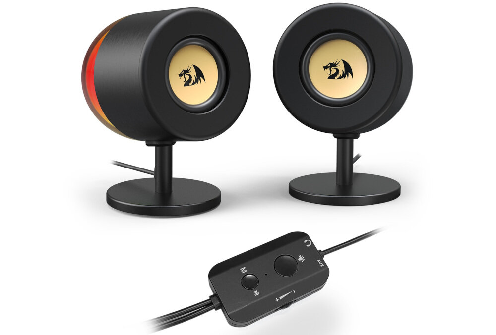 Głośniki REDRAGON AHRI GS598 2.0 RGB podświetlenie LED gamingowe efekty świetlne, głośniki z pilotem na kablu po skosie na białym tle