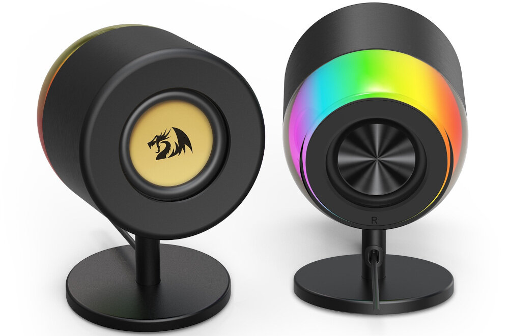 Głośniki REDRAGON AHRI GS598 2.0 RGB aluminiowa obudowa 90x101x138 mm trwała konstrukcja, głośniki po skosie na białym tle