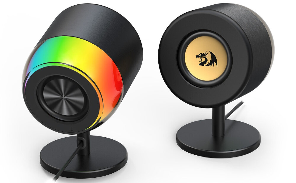 Głośniki REDRAGON AHRI GS598 2.0 RGB pilot zdalnego sterowania USB wyjście słuchawkowe, głośniki po skosie na białym tle