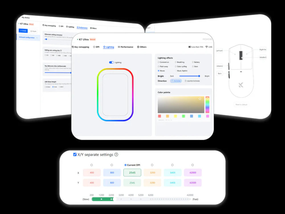 MCHOSE K7 Ultra oprogramowania M Hub Web zarządzanie ustawieniami klawiatury bez konieczności instalowania dodatkowych aplikacji tworzyć makra, zmieniać funkcje klawiszy, dostosowywać podświetlenie i zapisywać własne profile - Ekrany aplikacji do konfiguracji myszki komputerowej: ustawienia podświetlenia, DPI i mapowania klawiszy