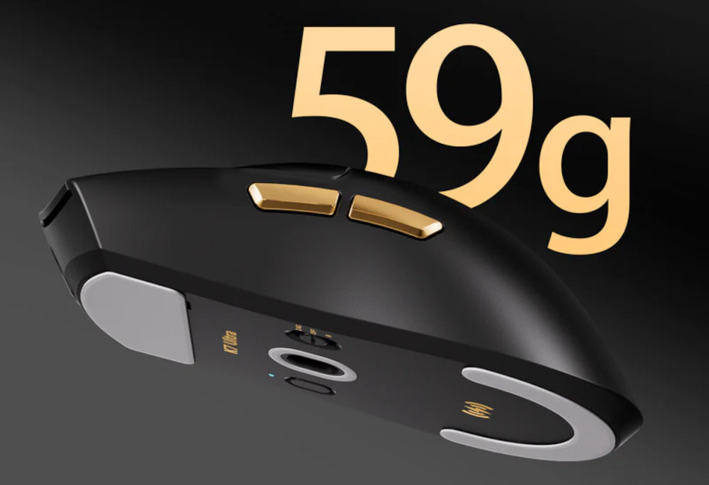 MCHOSE K7 Ultra Solidna konstrukcja odporność 127 x 64 x 40 mm 59 g - Czarna myszka gamingowa od spodu z bocznymi złotymi przyciskami i dużym napisem 59g na czarnym tle