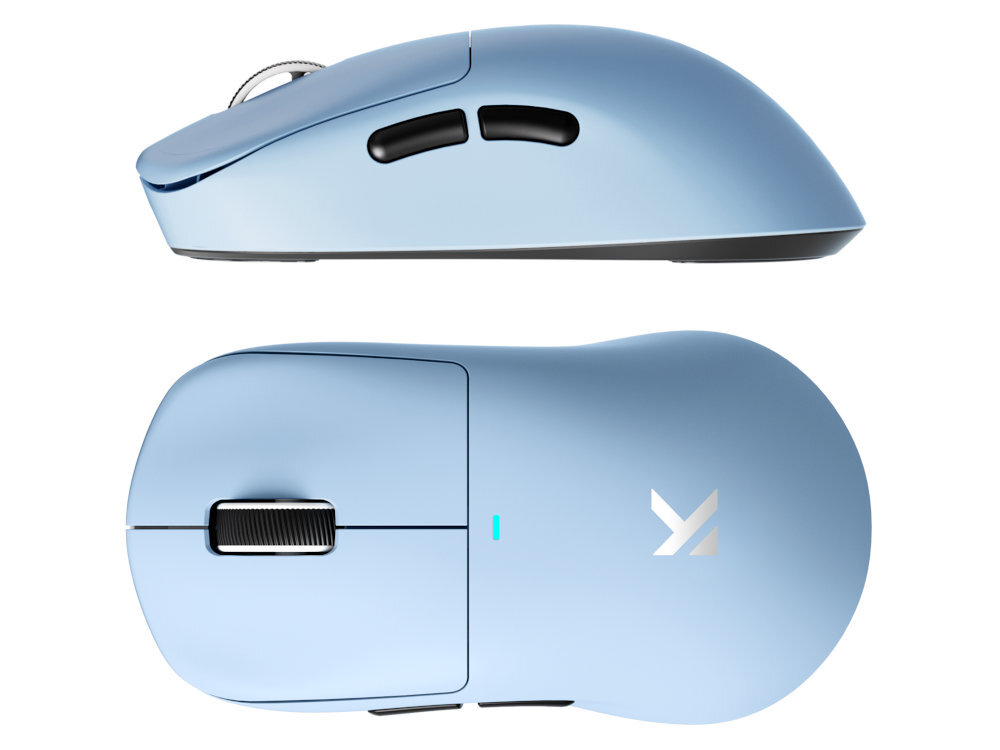 MCHOSE M7 wyprofilowany kształt dłoń i palce wyżłobienia przy przyciskach podniesiona sekcja pod palec serdeczny - myszka w kolorze niebieskim na białym tle