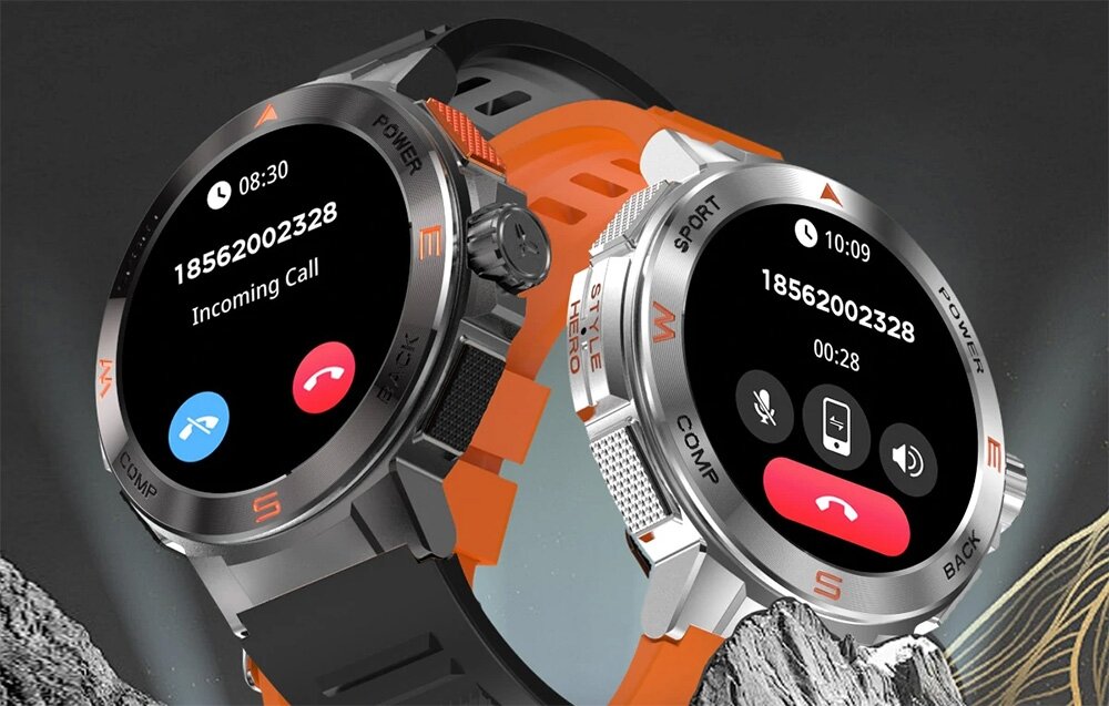 Smartwatch BLITZWOLF BW-AT5 pomarańczowy, bluetooth, rozmowy, głośnik, wiadomości, na szarym tle 2 zegarki frontem lewo i prawo skos tarczą front
