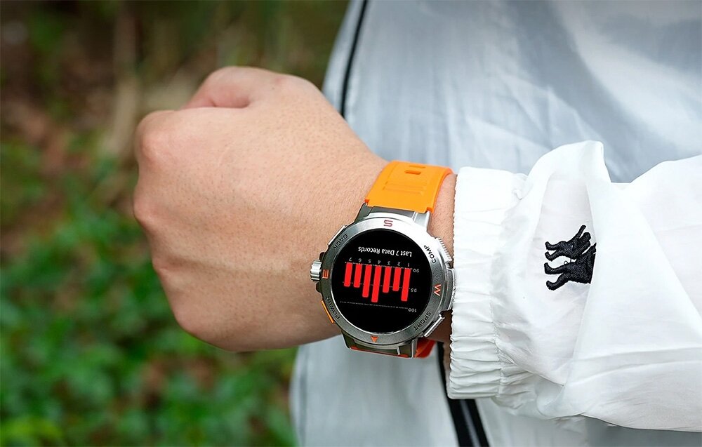 Smartwatch BLITZWOLF BW-AT5 pomarańczowy, android, ios, bluetooth, połączenie, w tle roślinnośc, zaciskana pięść a na nadgarstku nałożony zegarek