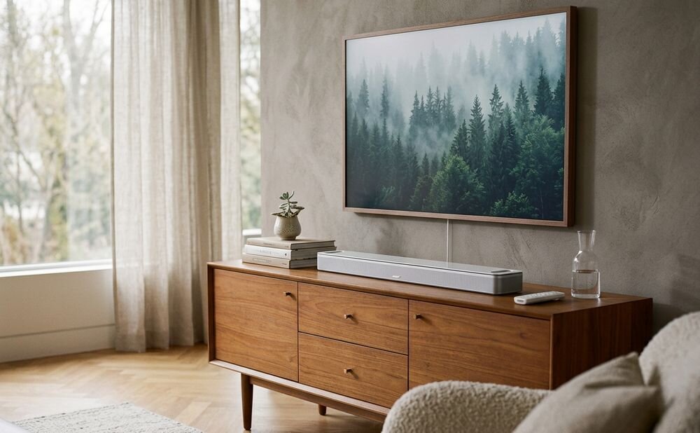 Soundbar BOSE Smart Ultra SimpleSync 5.1.2 Dolby Atmos HDMI USB Ethernet parametry techniczne, soundbar stojący na komodzie pod zawieszonym telewizorem