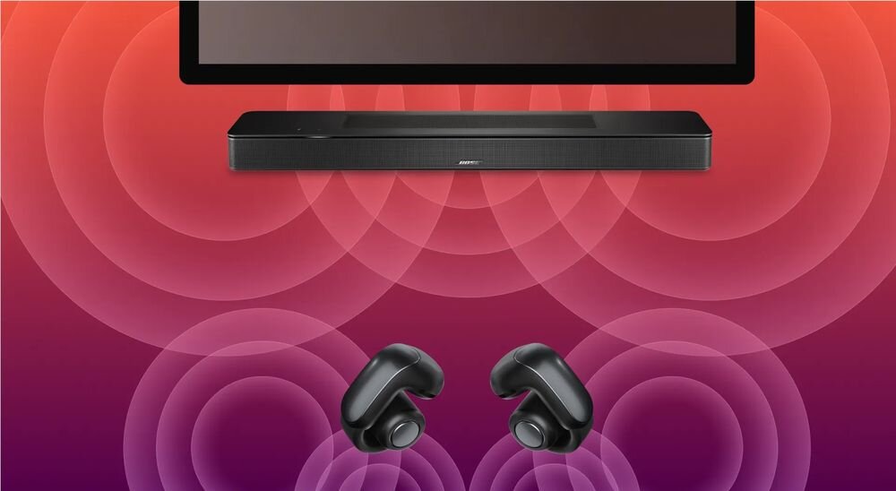 Soundbar BOSE Smart Personal Surround Sound Bose Ultra Open Earbuds immersyjny dźwięk, telewizor, soundbar oraz słuchawki na kolorowym tle